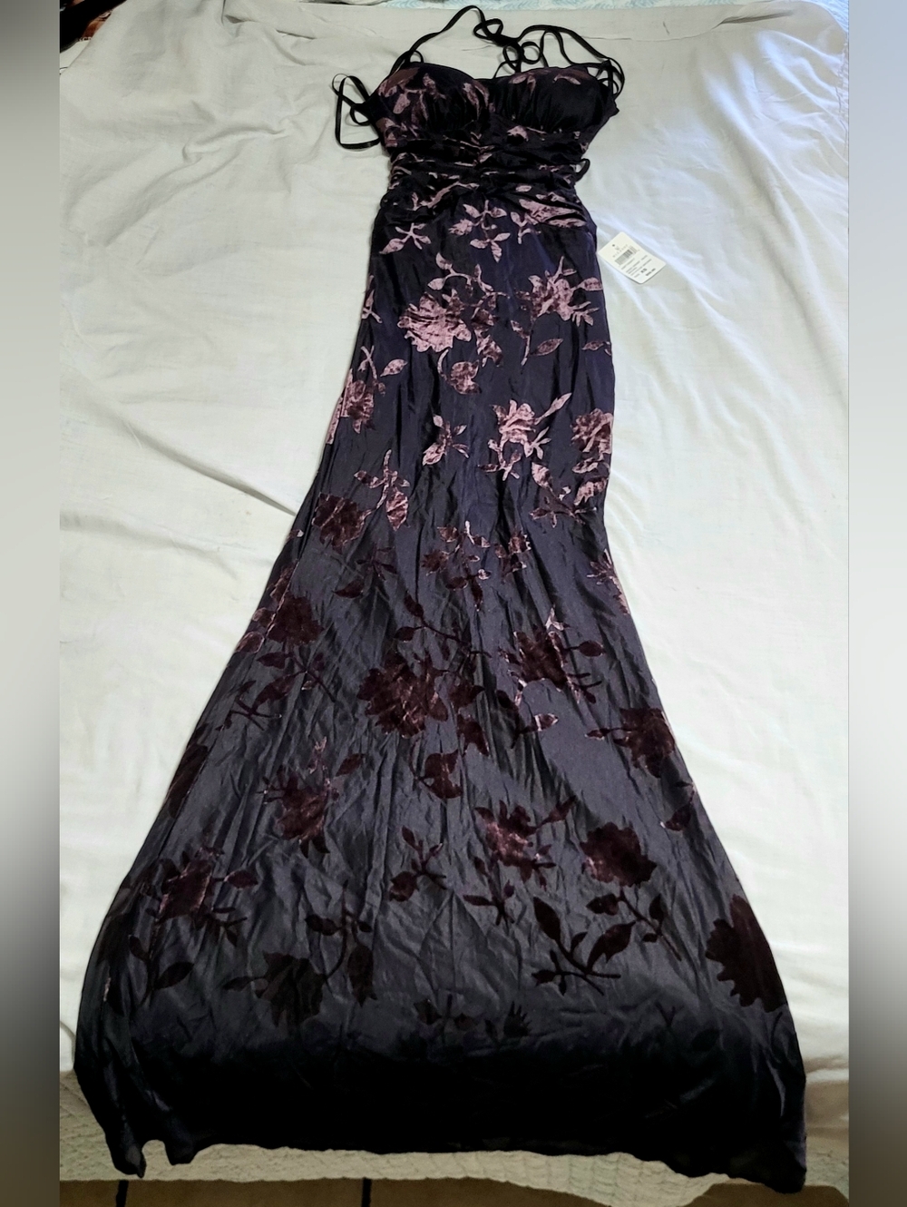 Black, Floral Satin Evening Gown - Picture 5 of 9